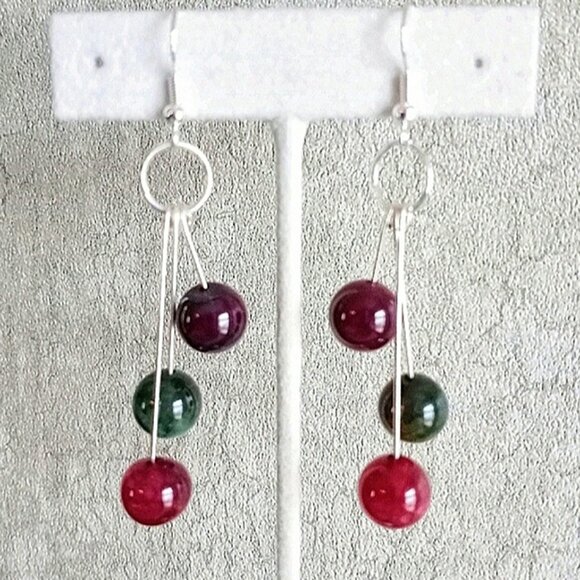 Pink green watermelon agate beaded drop dangle earrings new handmade - Picture 5 of 5